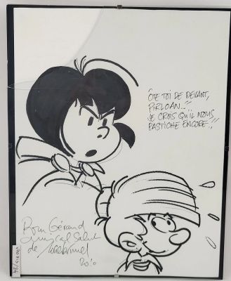 Roger Brunel (1944), Dessin Pastiche Dédicacé de La Série Johan Et Pirlouit, Feutre Et Mine de Plomb Sur Papier, Signé Et Daté 2010 En Bas À Gauche, Dim. 30 X 23 Cm. | Lot 329 : | misc / divers