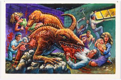 XNO 1988 Topps Dinosaurs Attack Card #11 "Trapped in the Basement!" Painting Original Art (Topps, 1988). | Heritage