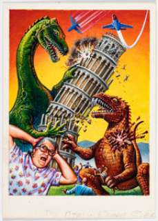 XNO 1988 Topps Dinosaurs Attack Card #10 "Italy Under Seigel!" Illustration Original Art (Topps, 1988). | Heritage