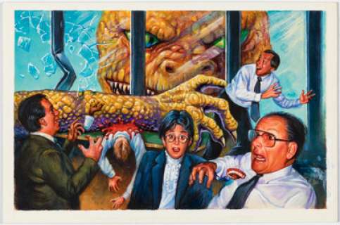 XNO 1988 Topps Dinosaurs Attack Card #43 "Business Lunch" Painting Original Art (Topps, 1988). | Heritage