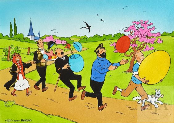 André Sipp/Tintin. Dessin original sur le thème de Pâques réalisé en hommage à RG. Superbe qualité d‘exécution qui illustre la maîtrise technique de l‘artiste. Encre de Chine et aquarelle signée. TBE+. 41 X 30 cm - Lot 299 :