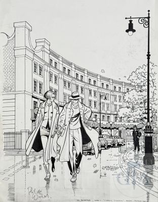 Wurm / Le Rochester. Couverture Originale Pour L’édition de 2006 Du 1E L’album "L’affaire Claudius". Belle Mise En Scène Dans Les Rues Londoniennes Des 2 Héros Dans Le Style Ligne Claire... Encre de Chine Signée Et Datée 2006. Tbe. 40 X 50 Cm | Lot 552 : Wurm / Le Rochester. Couverture originale pour l’édition de 2006 du… | Dagoty
