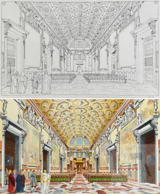 Enrico / J Martin / Les Voyages de Jhen. Double Planche Originale + La Mise En Couleurs Originale de L’album T16 "Le Vatican" Qui Illustre Une Superbe Vue D’intérieur D’une Chapelle Du Vatican À Rome. Maîtrise Technique Impressionnante Et Rafinnement Total de La Part de Ce Digne Élève de J Martin. Encre de Chine Et Aquarelle Signée Vers 2012. Celluloïde Inclus. Tbe+. ! 60 X 40 Cm ! | Lot 587 : Enrico / J Martin / Les voyages de Jhen. Double planche originale +… | Dagoty