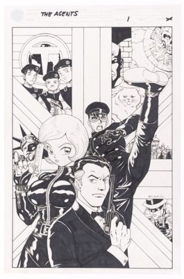 Lot 33 - THE AGENTS #1 FEBRUARY 2008 COMIC BOOK COVER ORIGINAL ART BY BEN DUNN.