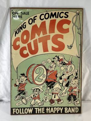A tin plate comic book advertising sign advertising KING OF COMICS Comic Cuts mounted on a wooden | Excalibur Auctions