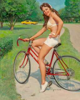 Gil Elvgren (American, 1914-1980)
 Girl on Bicycle, NAPA Auto Parts advertisement, circa 1975
 Oil on canvas
 30 x 23.5 ... | Heritage