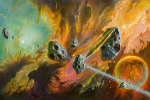  - Bob Eggleton (American, b. 1960)
 Against the Fall of Night dust jacket cover, 2017
 Oil on canvas
 24 x 36 in.
 Signed ...