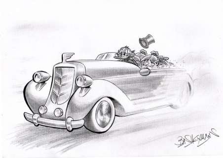 Bas Heymans | Bas Heymans - Originele tekening - Dagobert Duck in klassieke auto | Catawiki