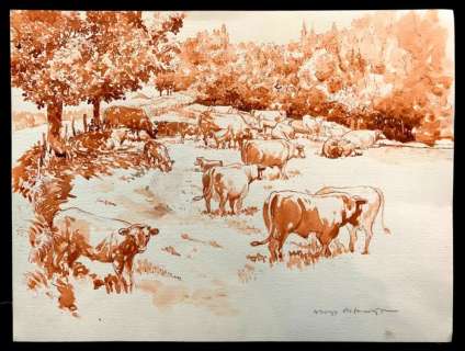 Aloys Oosterwijk | Aloys Oosterwijk - Originele aquarel - Koeien in heuvellandschap - (2010/2011) | Catawiki