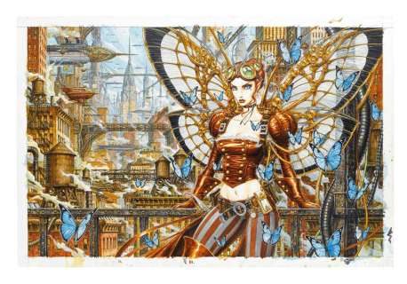 Olivier Ledroit - Illustration originale inédite intitulée Madame Butterfly. Le motif du papillon revient souvent chez Olivier Ledroit dans ses dessins féériques. Cette reine des papillons, surnommée "Madame Butterfly", a bien évidemment bien peu à voir avec la geisha passionnée de l‘opéra de Puccini. Mais elle a de quoi inspirer les librettistes...