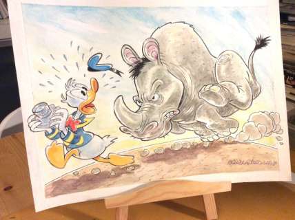 Alessandro Gottardo | Donald Duck - â€œRhino non vuole fotoâ€ - Dipinto originale di Alessandro Gottardo - Page volante - (2021) | Catawiki
