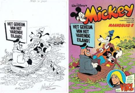 Mark de Jonge | Mickey Maandblad HC MM1981-08 - Signed original inked cover "Het geheim van het varende eiland" by Mark de Jonge - Page volante - Exemplaire unique - (1981) | Catawiki