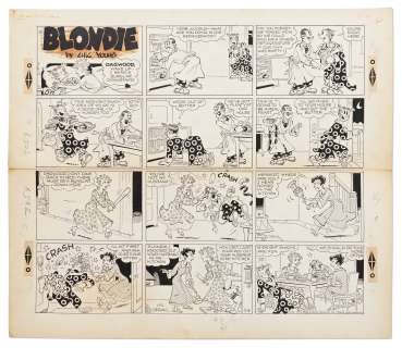 Chic Young Hand-Drawn ’’Blondie’’ Sunday Comic Strip From 1955 -- Blondie and Tootsie Woodley Knock Out Each Other’s Husbands | Nate Sanders