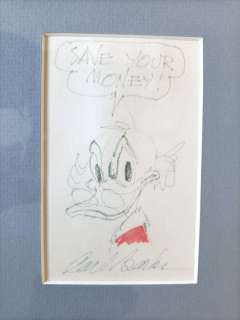 Carl Barks | Carl Barks Original Drawing Of Uncle Scrooge - framed with 4 Another Rainbow promotional cards | Catawiki