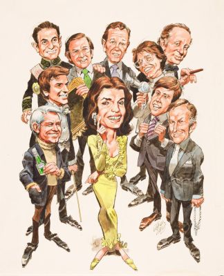 Lot 155 - Jack Davis, (1924-2016), Jackie Onassis: a tongue-in-cheek look at the men she might marry. 1975. | Swann Galleries