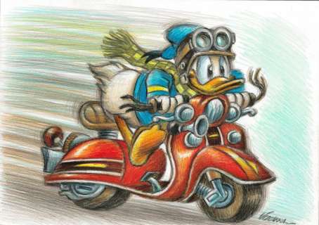 Joan Vizcarra | Donald Duck Running on Scooter - Original Drawing - Joan Vizcarra - Pencil Art - Original Artwork | Catawiki