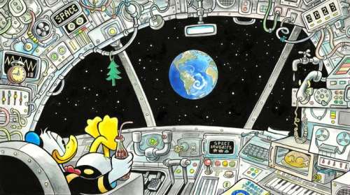 Tony Fernandez | Donald Duck’s Spaceship Cockpit Inspired By Mattias Adolfsson - 59 x 37 cm - Original Painting - Tony Fernandez Signed - Acrylic Art - Original Artwork | Catawiki