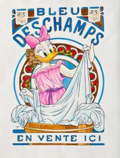 Jordi Juan | Daisy Duck: Blue Deschamps - Tribute To Alphonse Mucha’s Art Nouveau Poster (1897) - Original Painting - 65 x 50 cm - Jordi Juan Pujol - Signed - Watercolor Art - Original Artwork | Catawiki