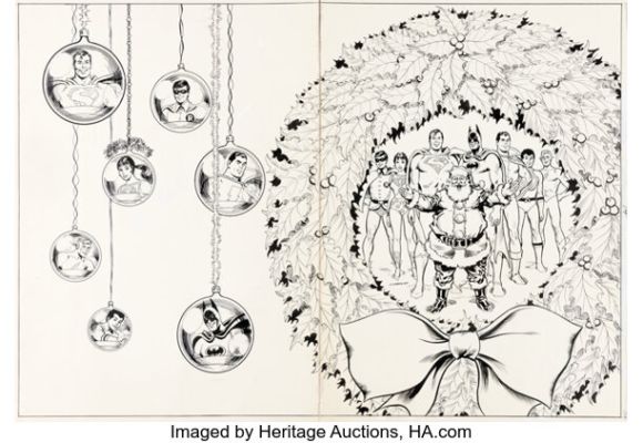 Nick Cardy Limited Collectors’ Edition #C-34 "Christmas with the Super-Heroes" Wraparound Cover Original Art (DC, 1975). | Heritage