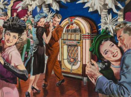 Albert Dorne (American, 1904-1965) - Good Tip for a Good Time, Saturday Evening Post interior illustration for Wurlitzer ad...