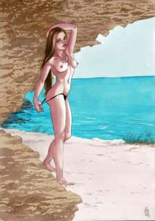 Gürsel, Gürçan - Originele tekening in kleur - Girl on the beach - 1 Dessin original - 2023 | Catawiki