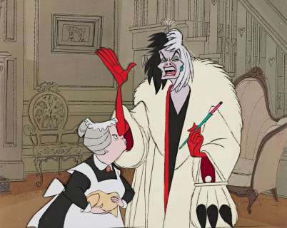 WALT DISNEY STUDIOS / 101 DALMATIONS Cruella DeVil and Nanny Animation Cel Setup 1961. | Swann Galleries