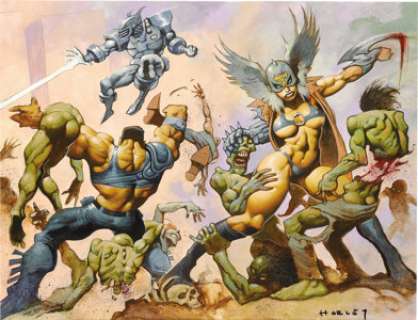 Alex Horley - Sharky Splash Page Original Art (Heavy Metal, 1998). Sharky, and Julie Strain, knee-deep in a -