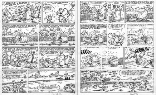 Gag complet - Bousier complexé - en 2 planches originales 33 et 34 issues du tome 11 de la série Nabuchodinosaure - Bienvenue dans l‘ère aglaglacière - par Roger WIDENLOCHER