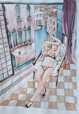 Luca Raimondo - 1 Original drawing - Venezia - Katy in Venice - 2025 | Catawiki