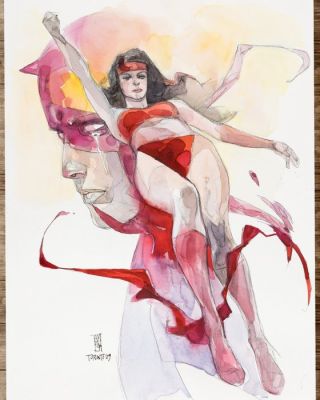Alex Maleev Œuvre d‘art - Elektra & Daredevil – Hand Signed Original Watercolor (2009)