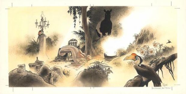 Frank Pé | Illustration originale collée sur un support, ex-libris pour la librairie Raspoutine - Zoo | Daniel Maghen