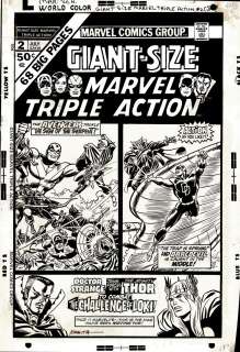 John Romita Sr. - Gs Marvel Triple Action #2 Cover (Cap, Daredevil, Thor, Dr. Strange, Giant Man, Wasp, Hawkeye, Owl! 3 Corner Box Heads At Top Drawn Also!) 1975,