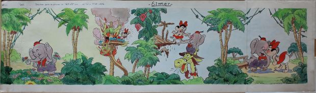 Per Walt Disney Anni ’30 | Gigantesca strip realizzata probabilmente in Belgio su licenza Walt Disney per il merchandising del film cortometraggio Elmer elephant (1936). | Art e Fumetto