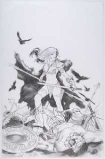 Paul Renaud Red Sonja Unused Cover Original Art (Dynamite Entertainment, 2010). The blackbirds gather at her -