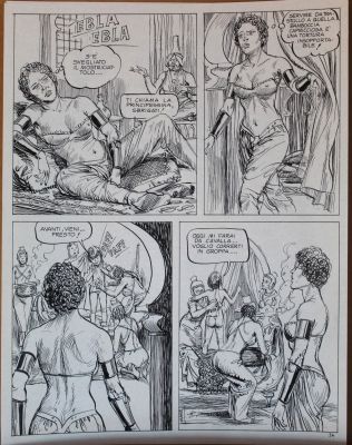 Averardo Ciriello | Tavola originale per Amazzoni 2 ‘Il potere dei Gong’. Cm. 33 x 43. Anno di esecuzione 1982. Pag. 36. Insieme alla tavola viene data anche una blueline colorata a mano dal colorista Rovatti. | Art e Fumetto