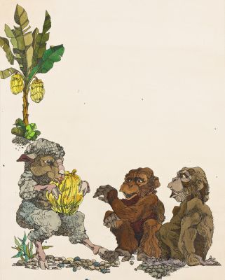 Lot 66 - Jerry Pinkney, (1939-2021), Lamb, monkeys, and bananas, African folk tale. Circa 1970. | Swann Galleries