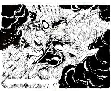 John Byrne Ray Kryssing - Amazing Spider-Man #9 Double Splash (Humongous Spider-Man Saves a Child From a Burning Building with Both Swinging Away!) 1999