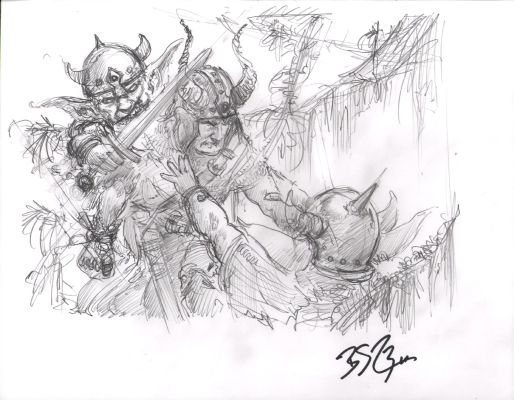 Brian Snoddy | Goblins Vs Helmeted Hero Pencil Sketch - Signed | Anthony’s Comic Book Art