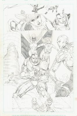 Rob Liefeld | Teen Titans #27 P 9 Semi-Splash (Entire Teen Titans Team Ready For Battle with Cross Christina!) 2005 | Romitaman