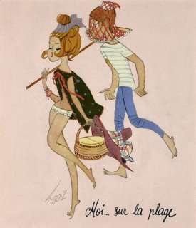 Kiraz, Edmond Kirazian... | Les parisiennes. Moi sur la plage. Gouache sur papier. Signée.... | Coutau Bégarie