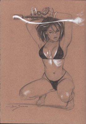 Jim Silke | Gun Wielding Crouching Bikini Babe Pencil Art - Signed | Anthony’s Comic Book Art