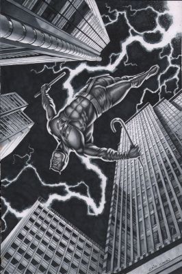 Caio Cacau | Daredevil Leaping From Rooftops Tonal Splash Art Commission - Signed | Anthony’s Comic Book Art