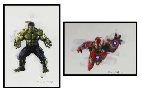 Emma Wildfang - IRON MAN and HULK - Page volante - 2 oeuvres - Pastels Ã  l’huile sur carton d’artiste | Catawiki