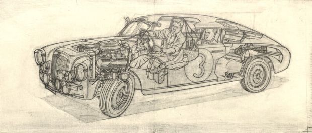 Jacques Martin | Lefranc dans une Lancia Aurelia Coupé - Grand format dessin preliminaire pour Tintin | 2DGalleries