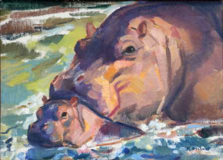 Herbert | Hippopotame, huile sur toile signée par l’auteu… | Banque Dessinée