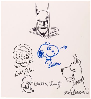 JIM APARO, CHARLES SCHULZ, WILL ELDER, WALTER LANTZ & BRAD ANDERSON ORIGINAL ART JAM FEATURING BATMAN. | Hake’s