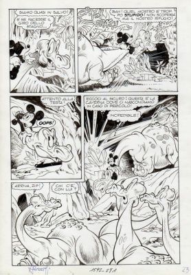 Sergio Asteriti | Tavola originale Disney per Topolino 1592 ‘Topolino e il mistero dei dinosauri’. Cm.25 x 35. Anno di esecuzione 1986. Tav.27-A. Firmata. | Art e Fumetto