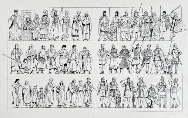 Henin / Les Voyages D’alix. Double Planche Originale Pour Les Pages 54 Et 55 de L’album T14 "Jérusalem" Qui Illustre Une Grand Nombre de Personnages de L’époque. Superbe Qualité D’exécution Qui Illustra La Maîtrise Technique de Ce Digne Successeur de Jacques Martin. Encre de Chine Signé. Rare. Tbe+. ! 65 X 45 Cm ! |  | Dagoty