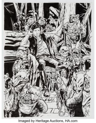 Scott Neely Star Wars Galaxy Series 3 #233 "King for a Day" Han Solo and Ewoks Trading Card Illustration Original Art (Topps, 1994). | Heritage