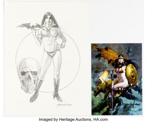 Sanjulián (Manuel Pérez Clemente) - Vampirella Illustration Original Art and Signed Print (undated). (Total: 2 Items) | Heritage